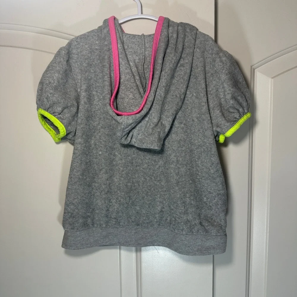 Juicy Couture Hoodie Kids Size 7 Gray Short Sleeve Terry Cloth Neon Trim Zip Up
